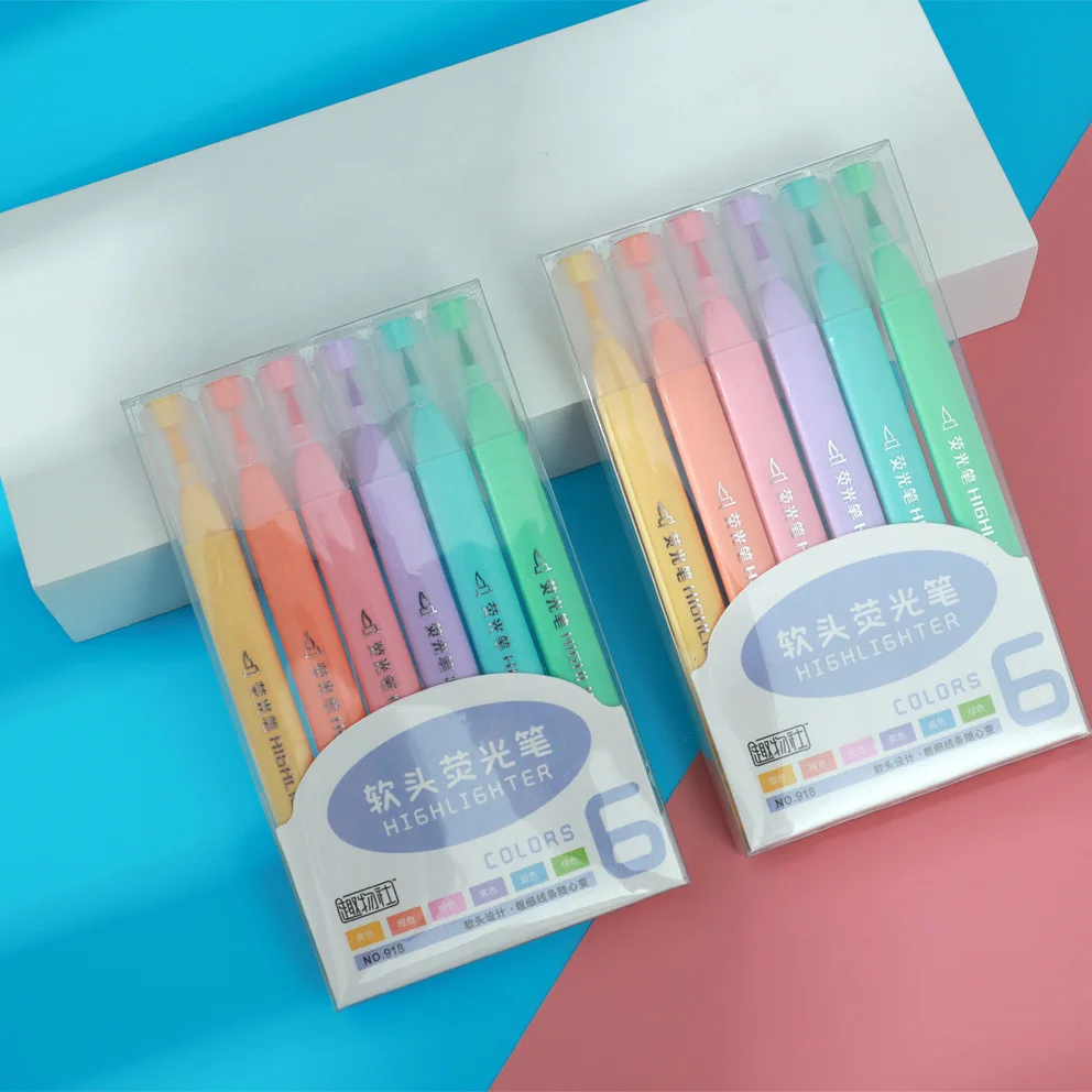 파스텔 컬러 하이라이터 펜 마커 펜, 형광 펜, 학생 드로잉 마커, 하이라이터 문구, 학교 용품, 세트당 6 개