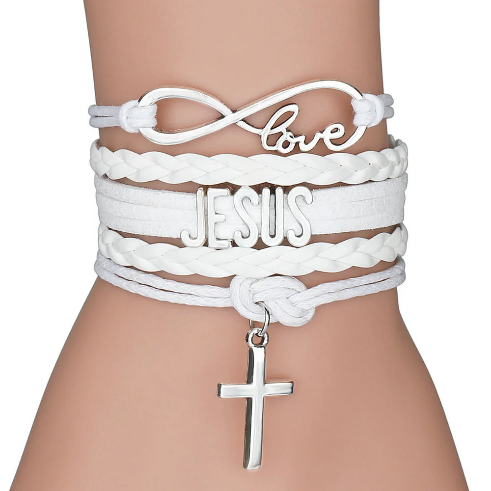 Mixed Color Rope Bracelet Infinity Love Jesus Christian Cross God Charms Pendants Leather Bracelet Unisex Jesus Jewelry 6