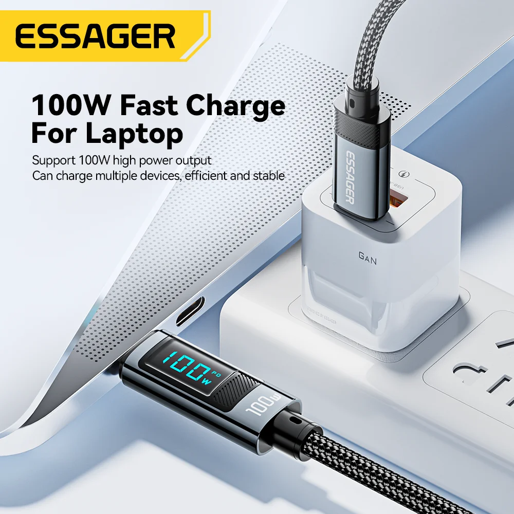 Essager 100W USB Type C Cable 90 ° LED Digital Display Cable 5A PD Fast Charging For iPhone 16 15 Huawei Xiaomi Samsung MacBook