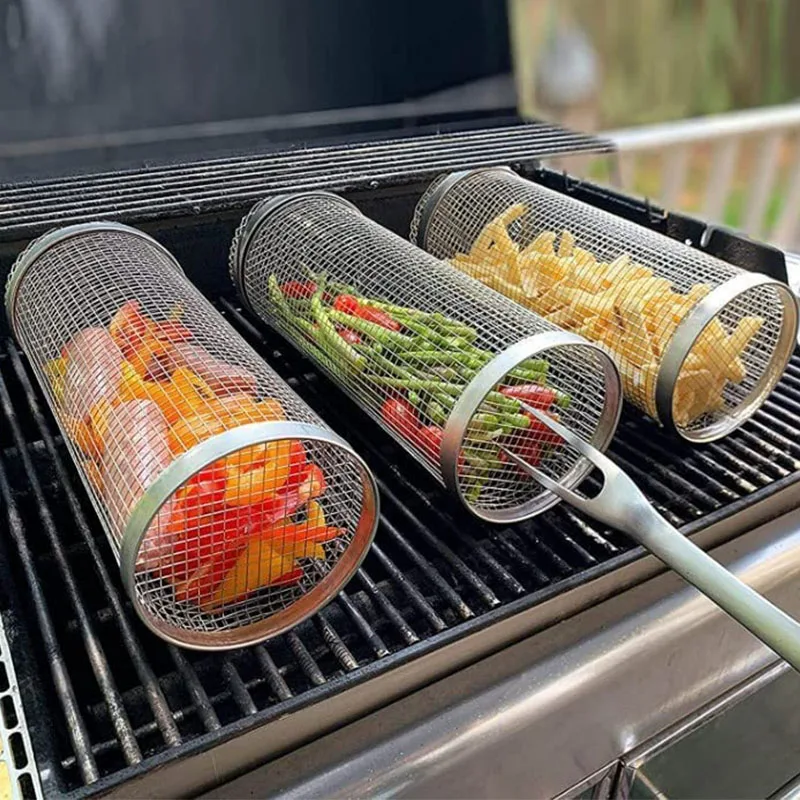 Rolling Grilling BBQ Basket Stainless Steel Wire Mesh Cylinder Grill Basket Portable Outdoor Camping Barbecue Rack Tools