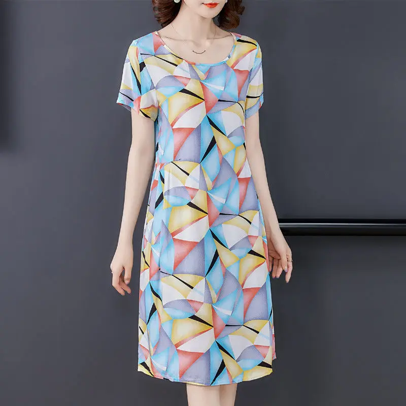 Elegant O-Neck Printing Folds Color Geometric Midi Dress Women's Clothing 2024 Summer New Loose Commuter Short Sleeve Dress