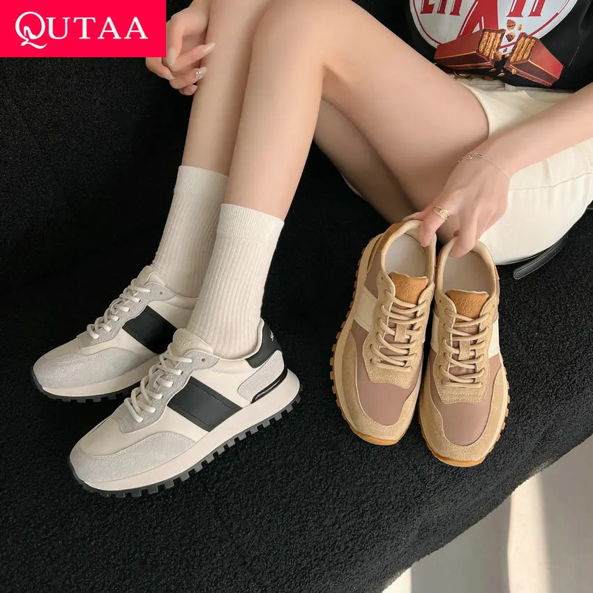 

QUTAA 2024 Women Sneakers Genuine Leather Breathable Med Heel Platforms Spring Summer Casual Sports Shoes Woman Size 35-40
