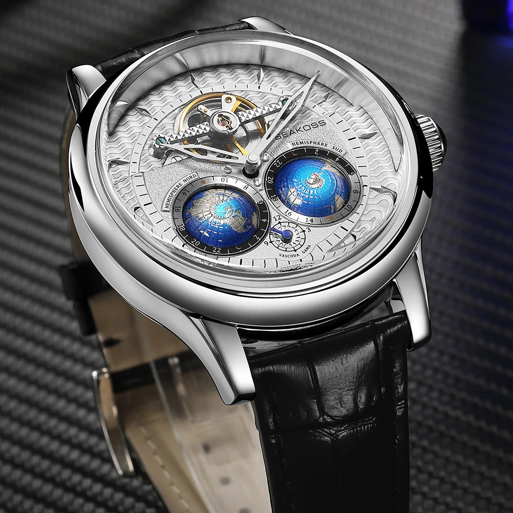 SEAKOSS Double Globe Automatic Rotating Men Mechanical Watches Earth Flywheel Device Men's Military Wristwatches 1963 Clock 6