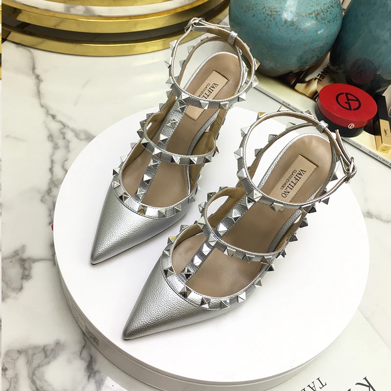 2024 Genuine Leather Rivet Fashion Classic High Heels Summer Black Slim High Heel Sandals Pointed Women's Party Wedding Pumps 41