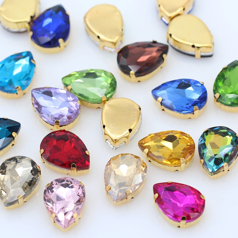 Multi Sizes 24-Colors Sew On Water Drops Rhinestone Golden Claw Teardrop 4-Holes For Jewels Needlework Wedding Dress Bag Trims