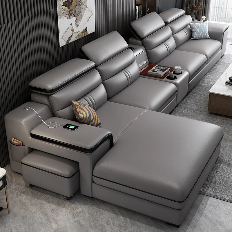 MINGDIBAO Leather Sectional Sofa Set with Cup Holder, USB, Adjustable Headrests & Bluetooth Speaker Living Room Couch with Stool