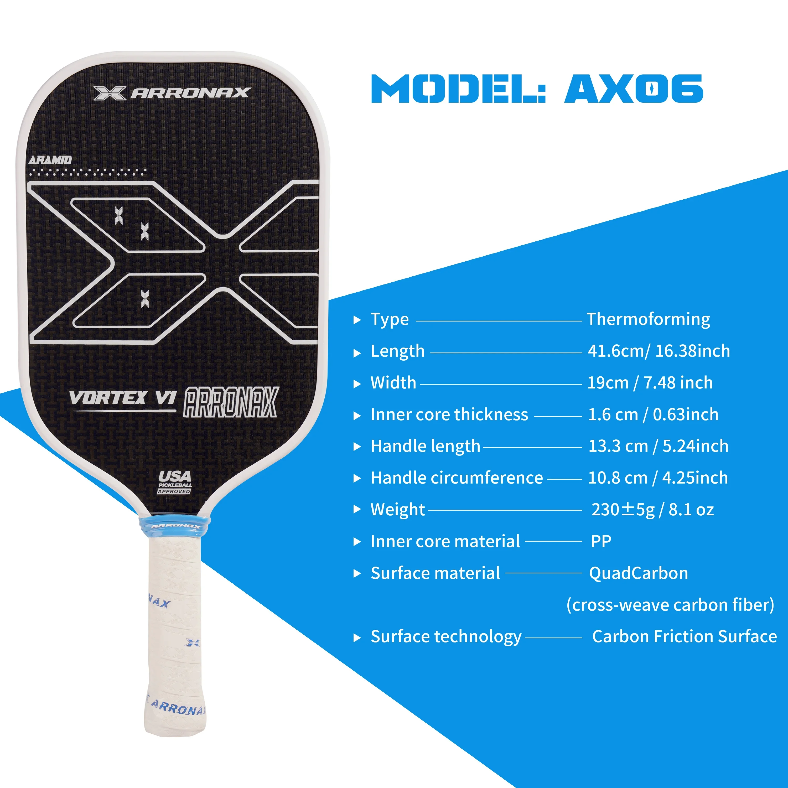 ARRONAX 탄소 마찰 표면 피클볼 패들, 경량 허니콤 코어 패들 쿠션, 편안한 그립, 16mm