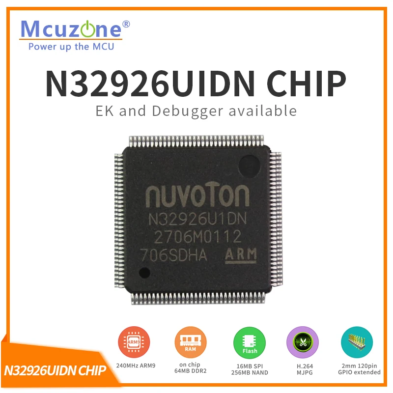 

N32926U1DN, NUVOTON ARM926 core based Soc, with on chip 64MB DDR2, USB, LCDC, CMOS interface, MJPEG H.264 codec