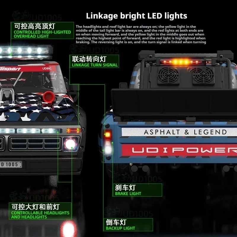 UDIRC Flat Run UD1005 1/10 4WD RC Highway Racing Brushless Remote Control Car Electric Model LED Lights Adult Boys Toy 4