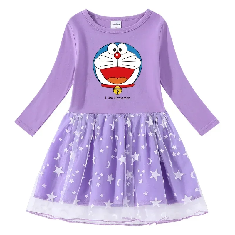 Doraemon Spring and Autumn New Cross-border Girls Dress Cotton Print Cartoon Star Moon Mesh Long Sleeve Princess Dress