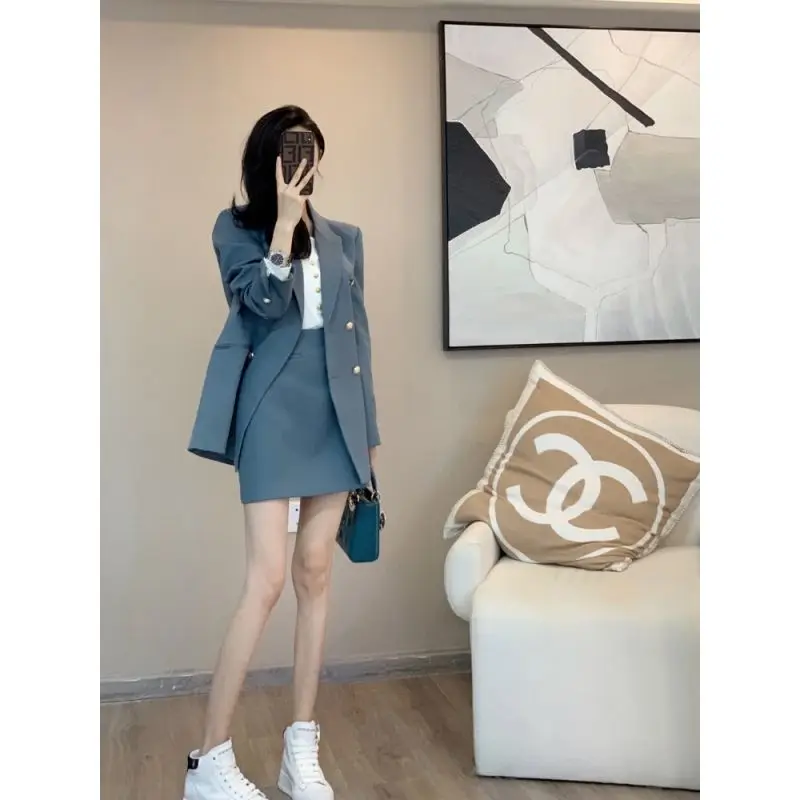

Women's Autumn Retro Casual Short Suit Coat Half Skirt Suit French Solid Color Double Breasted Suit Half Skirt Two Piece Sets