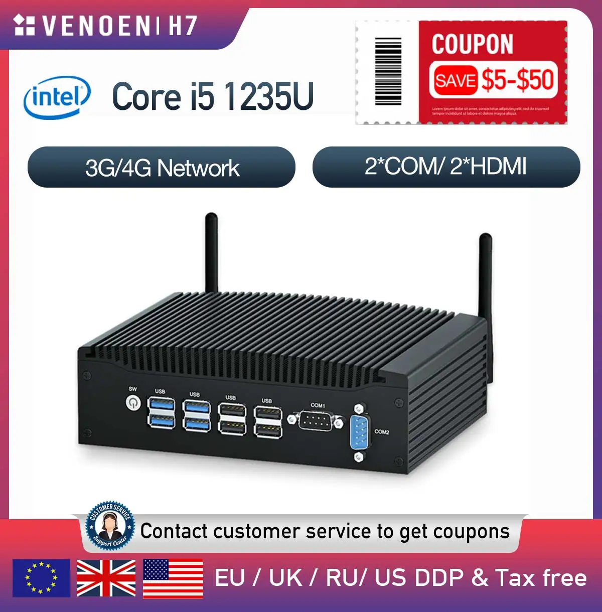 Intel Core i5 1335U Mini PC sin ventilador 2 × HDMI Intel Core i5 8260U Dual LAN ITX Computadora industrial robusta 8 × USB Windows 10 WiFi 4G