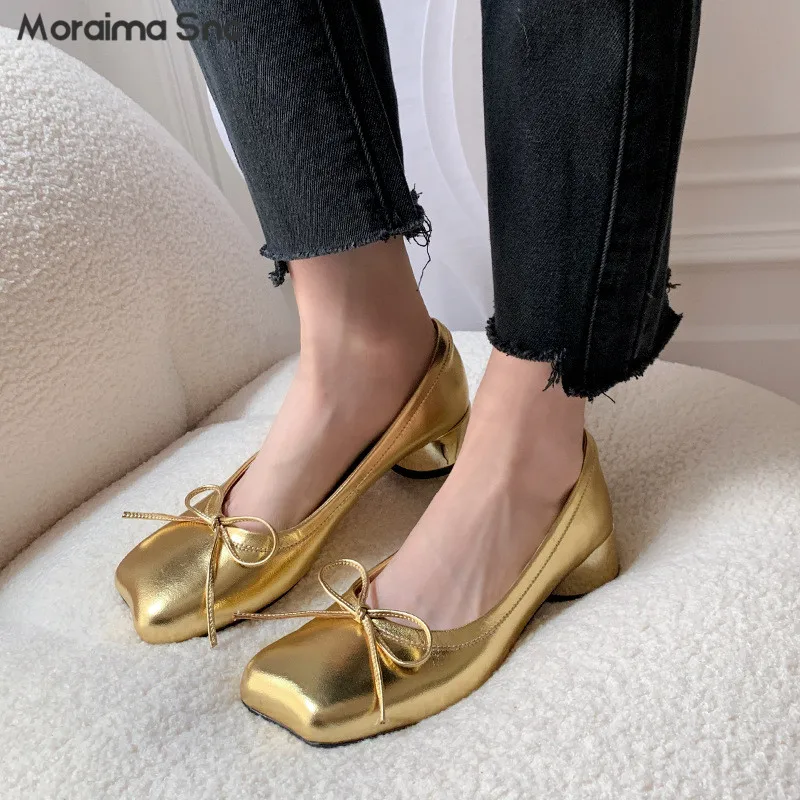 

Full Leather Bow Ballet Shoes Gold Shallow Mouth Medium Heel Square Heel Solid Color Pumps Retro Casual Women's Shoes