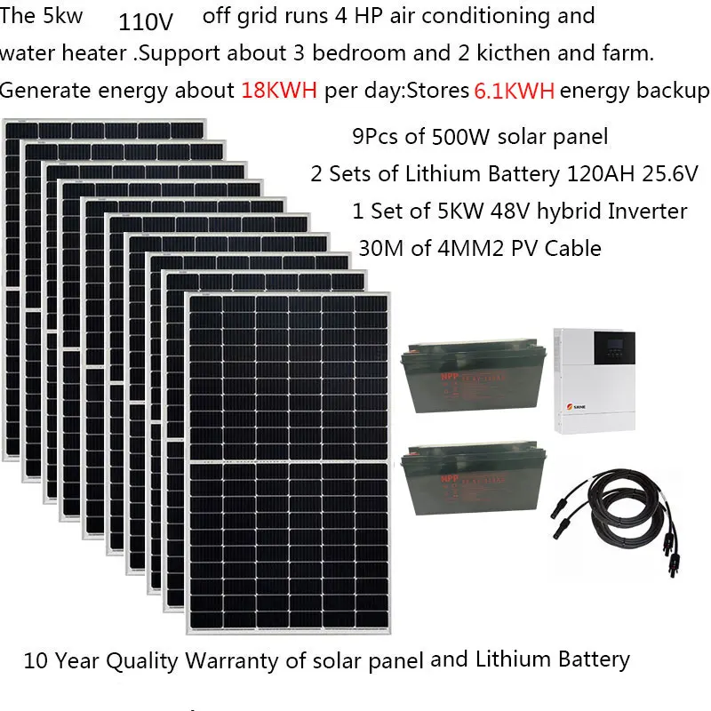 Sistema Solare Per La Casa Kit Completo 5000W 5Kw 220V 110V Pannello Solare 500W Batteria Al Litio Lifepo4 Hybrid Inverte Off Grid 4Hp Farm