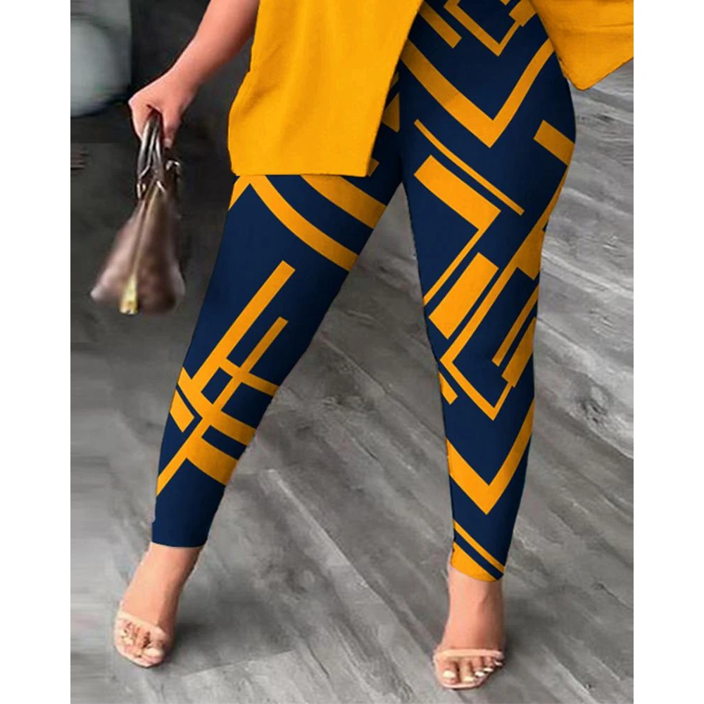 Summer Women Queen Geometric Print Split Hem Skew Neck Short Sleeve Top & Pants Set Causal Streetwear 2023 Suit y2k Clothes