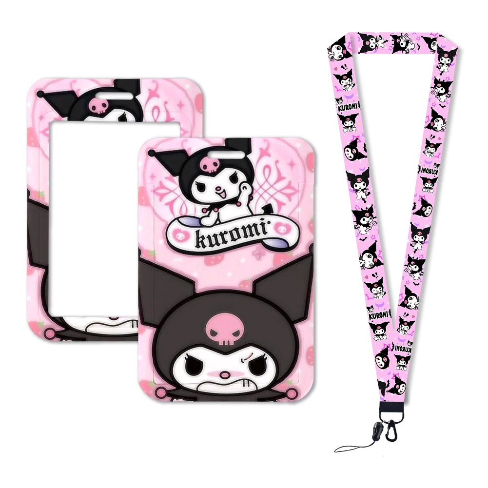 

W Sanrio Kuromi Work Card Holder Work Permit Name Badge with Keychains Student Id Card Pack Lanyard Cover Card Storage Case