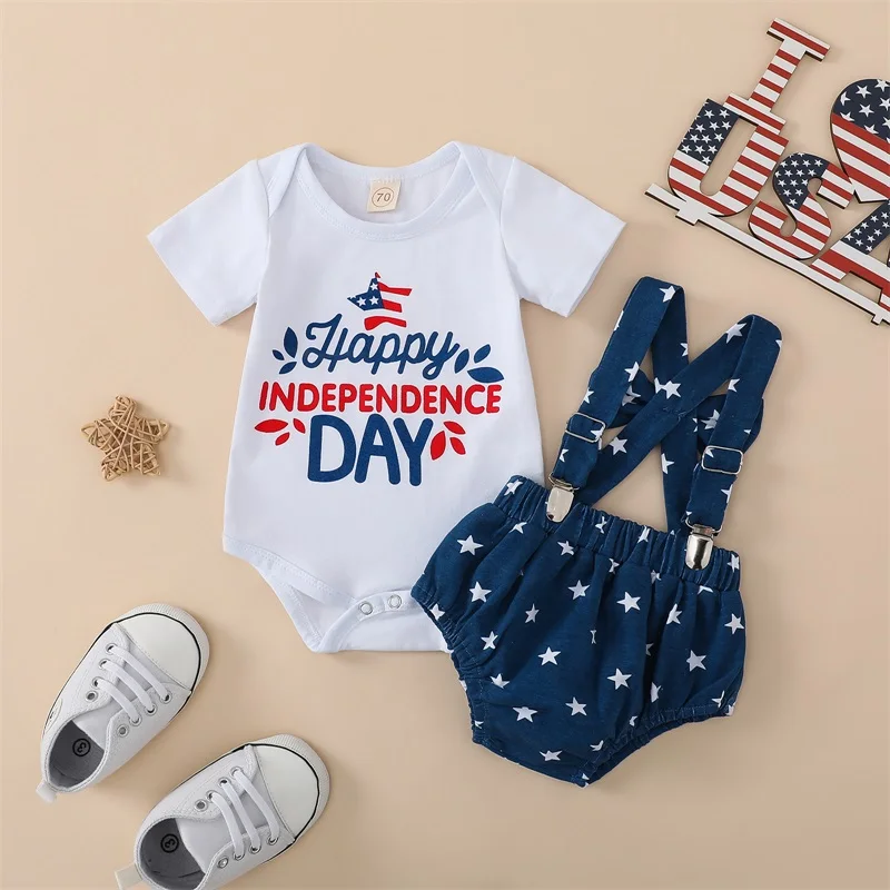 

2023-04-10 Lioraitiin 0-18M Infant Baby Girl 3Pcs Independence Day Short Sleeve Letter Printed Bodysuit Top Blue Shorts Set
