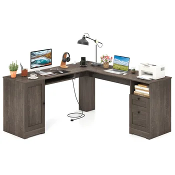 GOFLAME 168 CM L-shaped Computer Desk Modern Office Desk w/Power Outlets-Grey
