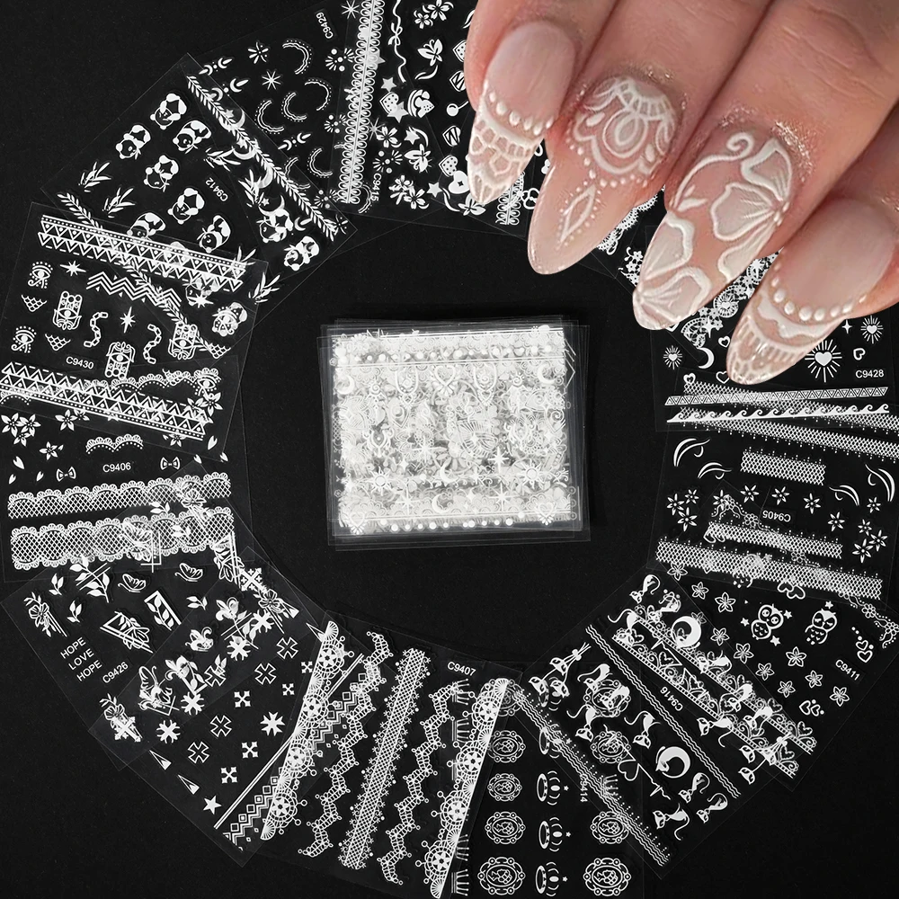 30pcs White & Black Lace Nail Art Stickers Flower & Star Designs Self-Adhesive Manicure Nail Foil Decoration Art Supplies