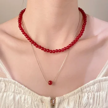 LATS New Design Artificial Crystal Red Beaded Necklace for Women Stacked Clavicle Chain Fashion Jewelry Accessories Wholesale