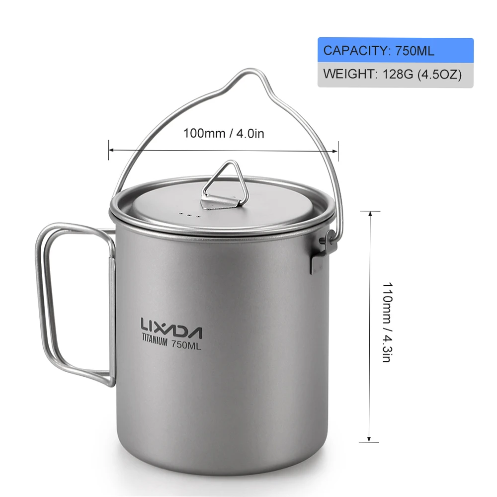 Lixada 티타늄 컵 냄비 식기 세트, 야외 캠프 티타늄 750ml 냄비 350ml 물컵 머그잔, 뚜껑 접이식 손잡이 접이식 스포크