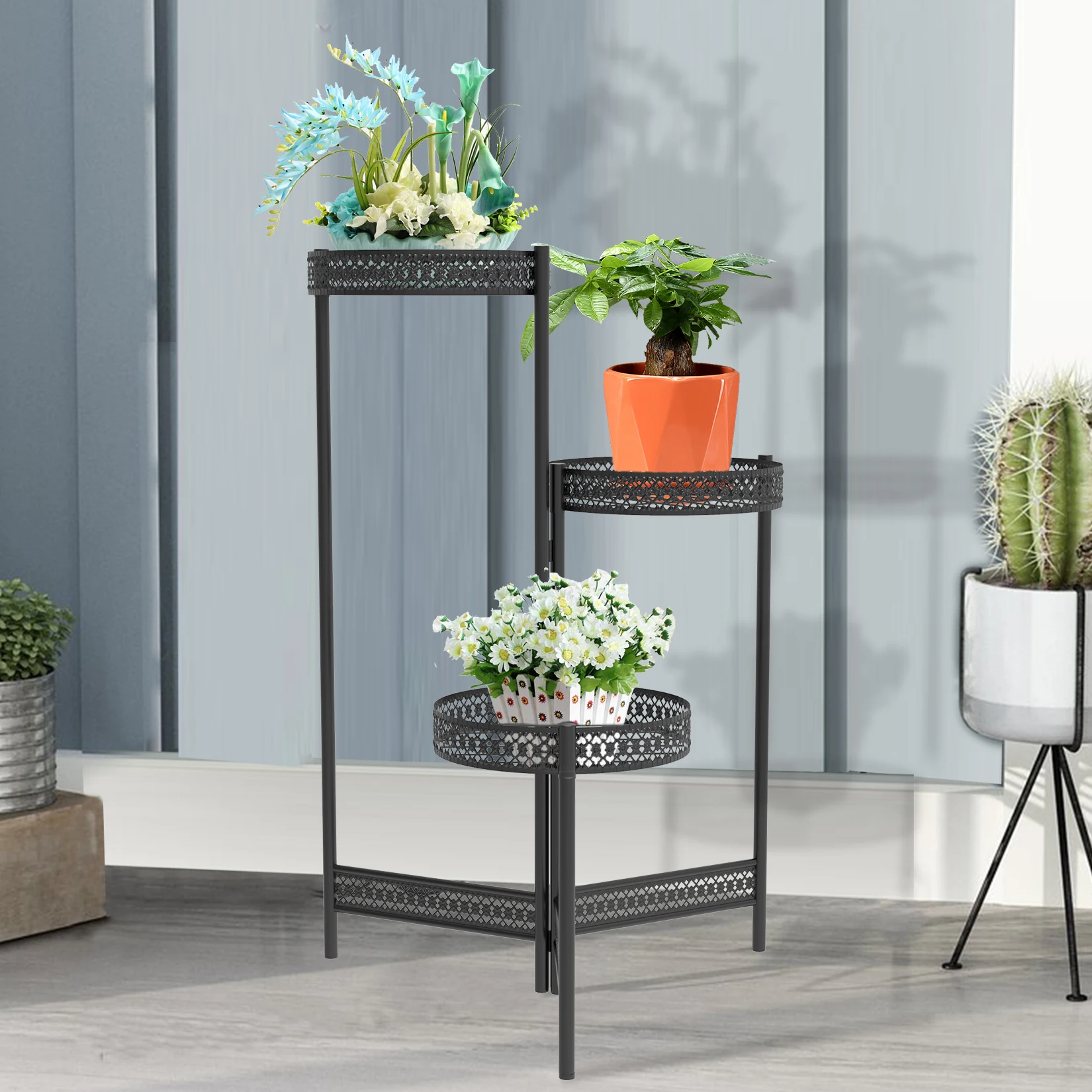 3/4 Tier Iron Metal Plant Stand Indoor Outdoor Foldable Flower Stand Rack for Home Garden Patio