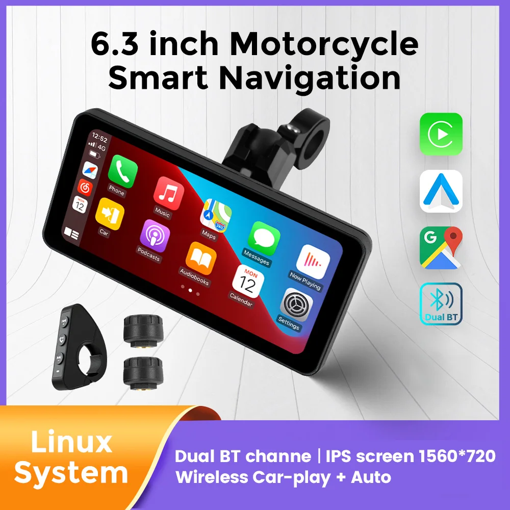 6.3inch Portable Screen Motorcycle Wireless Car-play Android Auto Smart Player GPS Navigation IPX7 TPMS IPS 1560*720 Dual BT