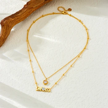 DIEYURO 316L Stainless Steel Heart Zircon Letter MOM Pendant 4