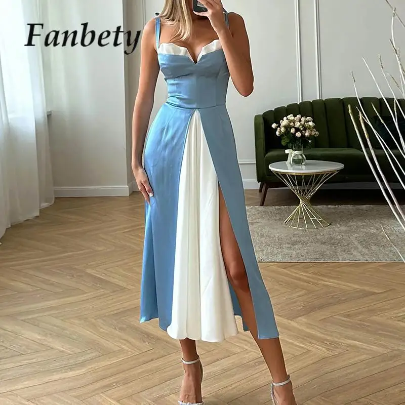 

Fashion Patchwork Sling V-Neck Party Dress 2023 Women New Slim High Waist Slit Pleated Dress Summer Contrasting Color Maxi Dress