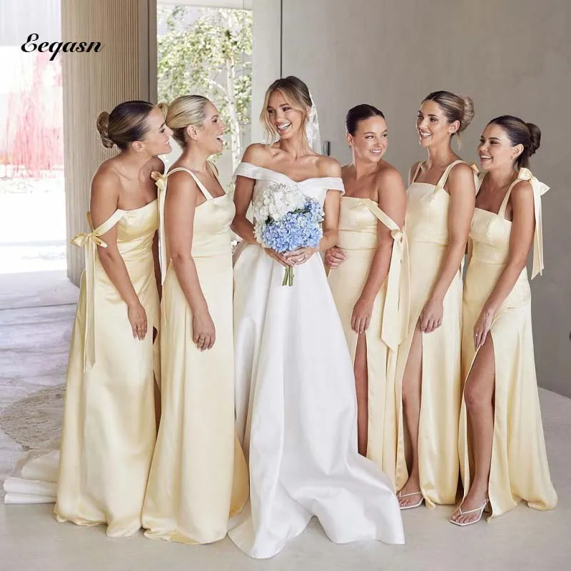 Sexy Long Champagne Bridesmaid Dresses Bow on Straps Satin Wedding Guest Dress Leg Split Maid of Honor Gowns Plus Size