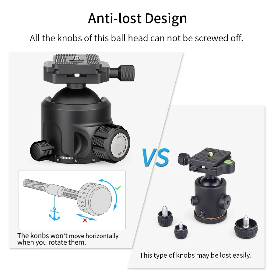 N52 Black Panoramic Low Profile Tripod Ball Head, Double U Notch Ultra-low Spher