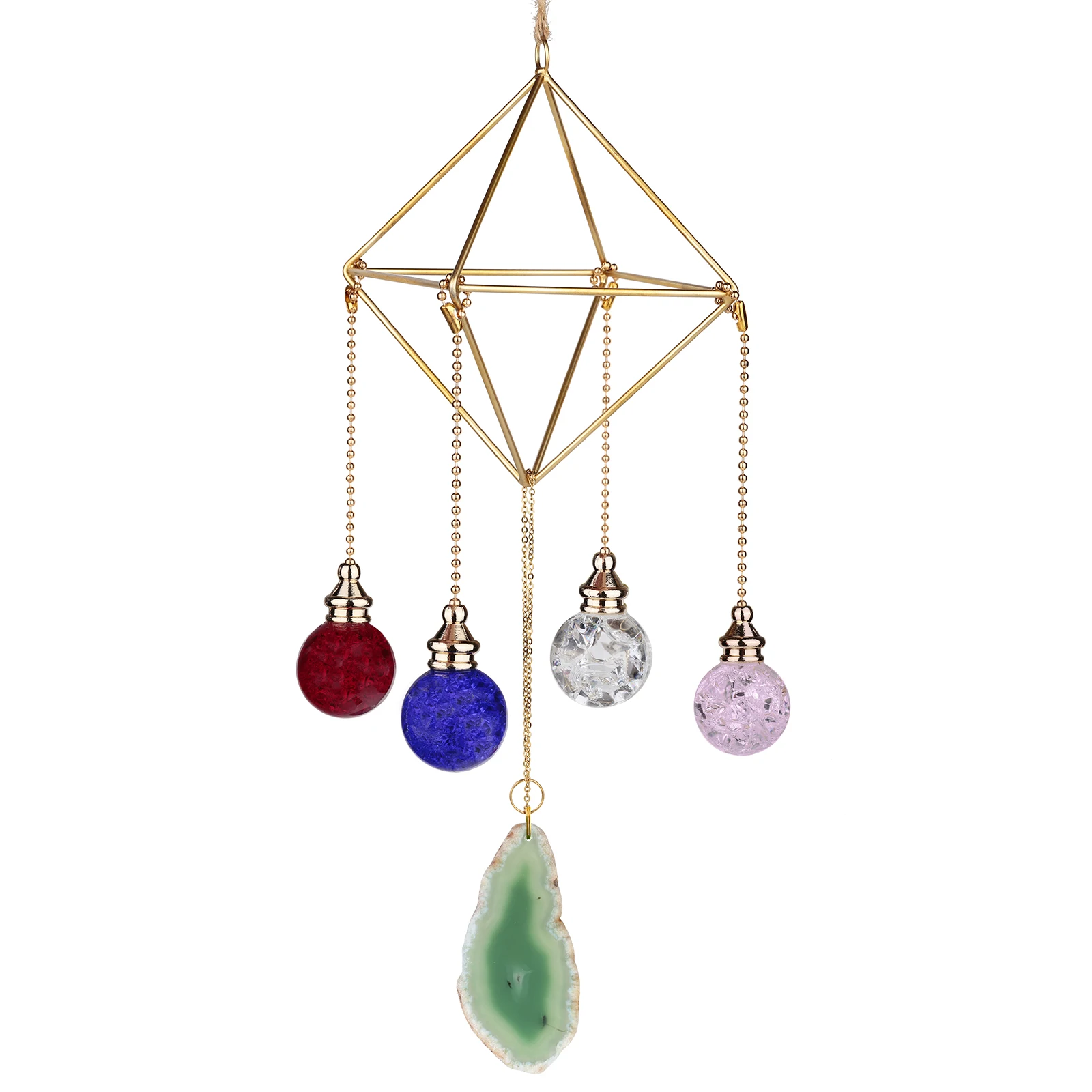Metal Geometric Hanging Air Plant Holder With Agate Slices Wind Chimes Colorful Crystal Ball Hanging Ornament For Home Decor
