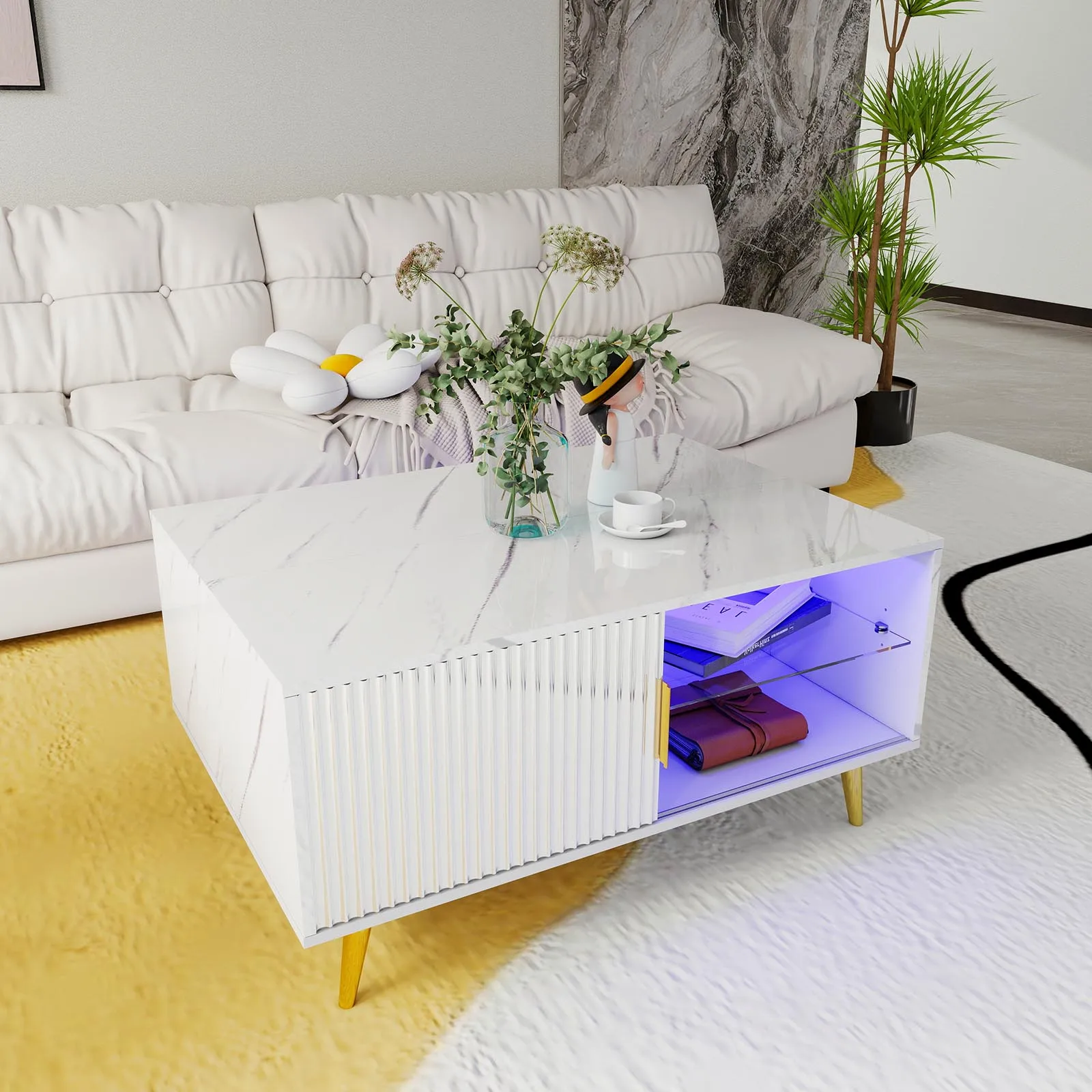 Wooden TV Cabinet with LED Lights and Doors for Living Room