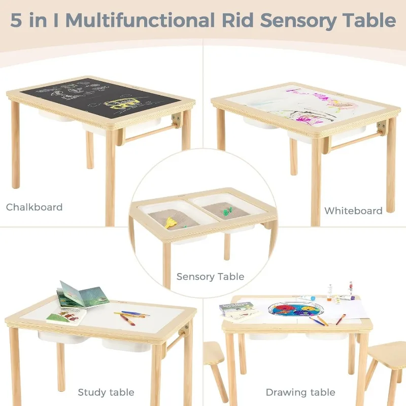 Sensory Table with 2 Chairs & 1 Roll Paper, Multifunction Wooden Sand and Water Table with Double-Side Board
