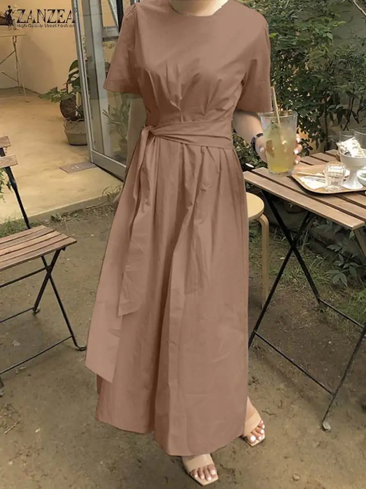 

Fashion Summer Short Sleeve Solid Mid-calf Sundress ZANZEA Elegant Casual Work OL Dress Women Belted Vestido Kaftan Robe Femme