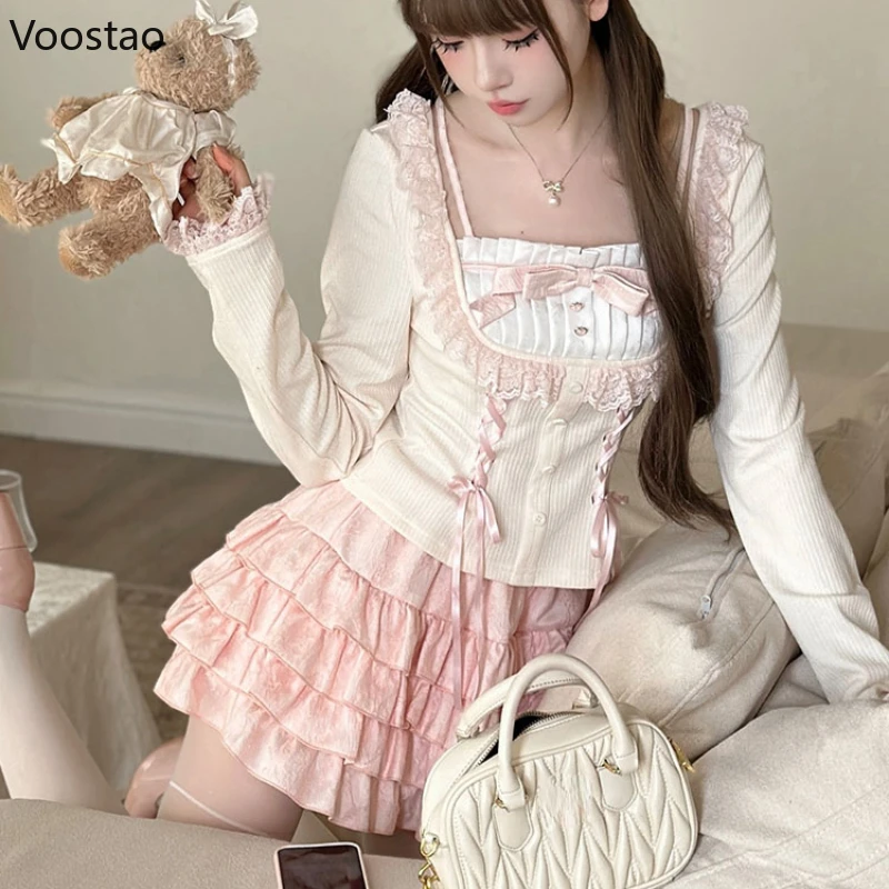 Sweet Cute Lolita Princess Skirt Sets Autumn New Bow Lace Splicing Long Sleeve Slim Tops Kawaii Cake Skirt Two Piece Set Women 4