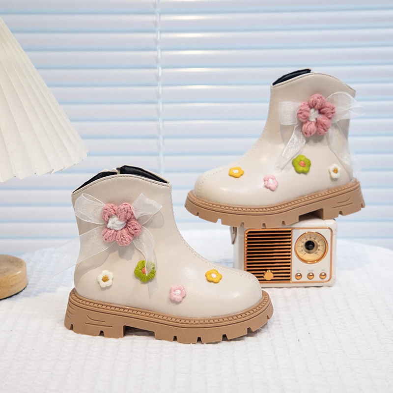 Girls Thermal Ankle Boots with Cute Flower for Autumn Winter