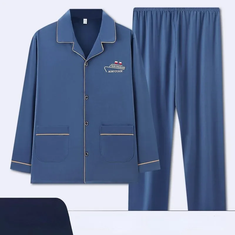2024 new 100% Cotton Pajamas Men Spring Autumn Long-sleeved Loungewear Cotton Plus Size Fatty Youth Homewear Cardigan Suit