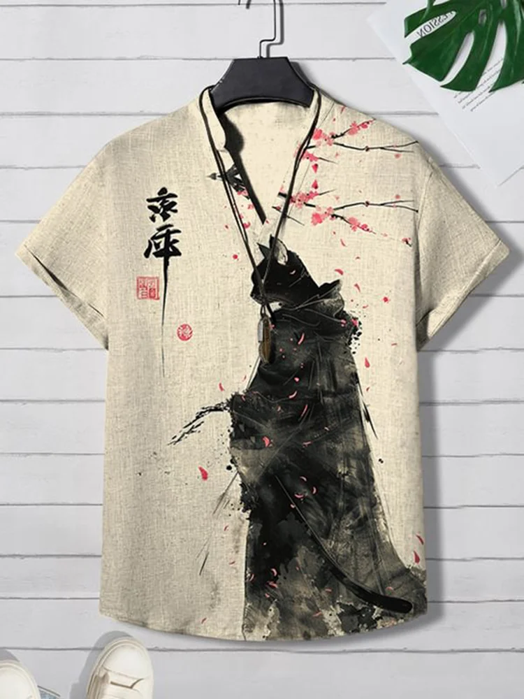 2024 Summer Cat Print Henry Shirt For Men Popular Men's Short sleeved Shirt  Fashion Casual Oversize Hawaiian Men's Top 4