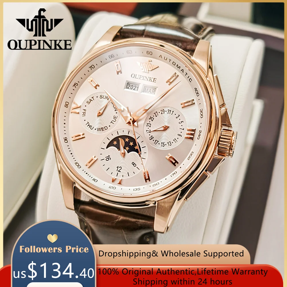 OUPINKE Luxury Brand Watches for Men Automatic Mechanical Watches Genuine Leather Band Waterproof Moon Phase Men's Wristwatches mechanical watch