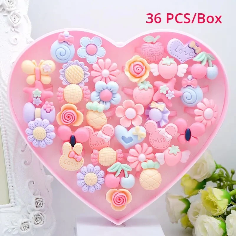 Adjustable Rings Children's Cute Ring Cartoon Jewelry Flower Shape 36Pcs