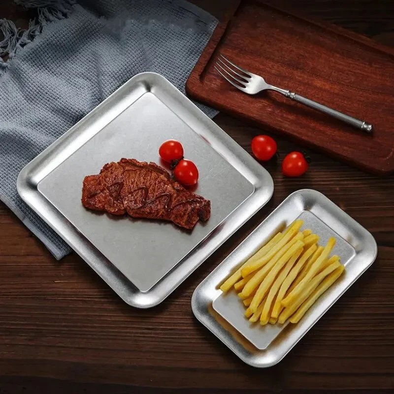 1pc Silvery Stainless Steel Korean Style Barbecue Pan Oval Shaped Square Shaped Multipurpose Dining Plate