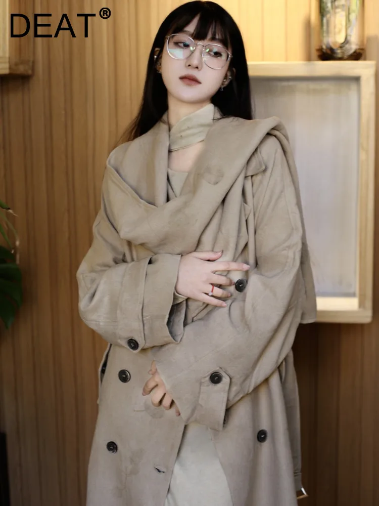 

DEAT Fashion Women Shawl Collar Trench Coat Long Sleeve Double Breasted Print Vintage Windbreaker Female Spring 2024 New 7AB3007