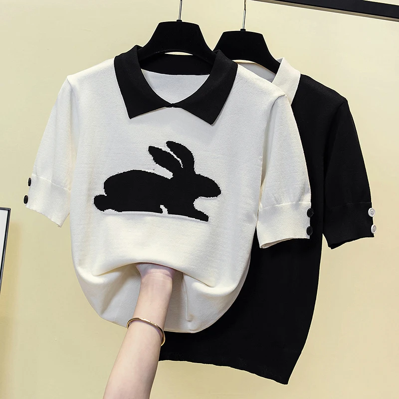 

Black White Knitted Sweet Short Sleeved Summer Style Top Fashion Blouses 2023 Cheap Vintage Clothes For Women Female Clothing