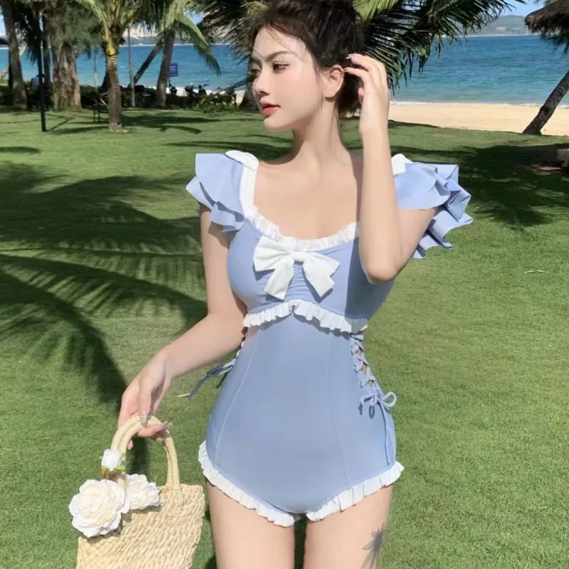 

Sexy Female Blue/Black Striped Swimsuit Side Waist Strap One Piece Ruffled Push Up Padded High Waist Swimwear Women Monokini