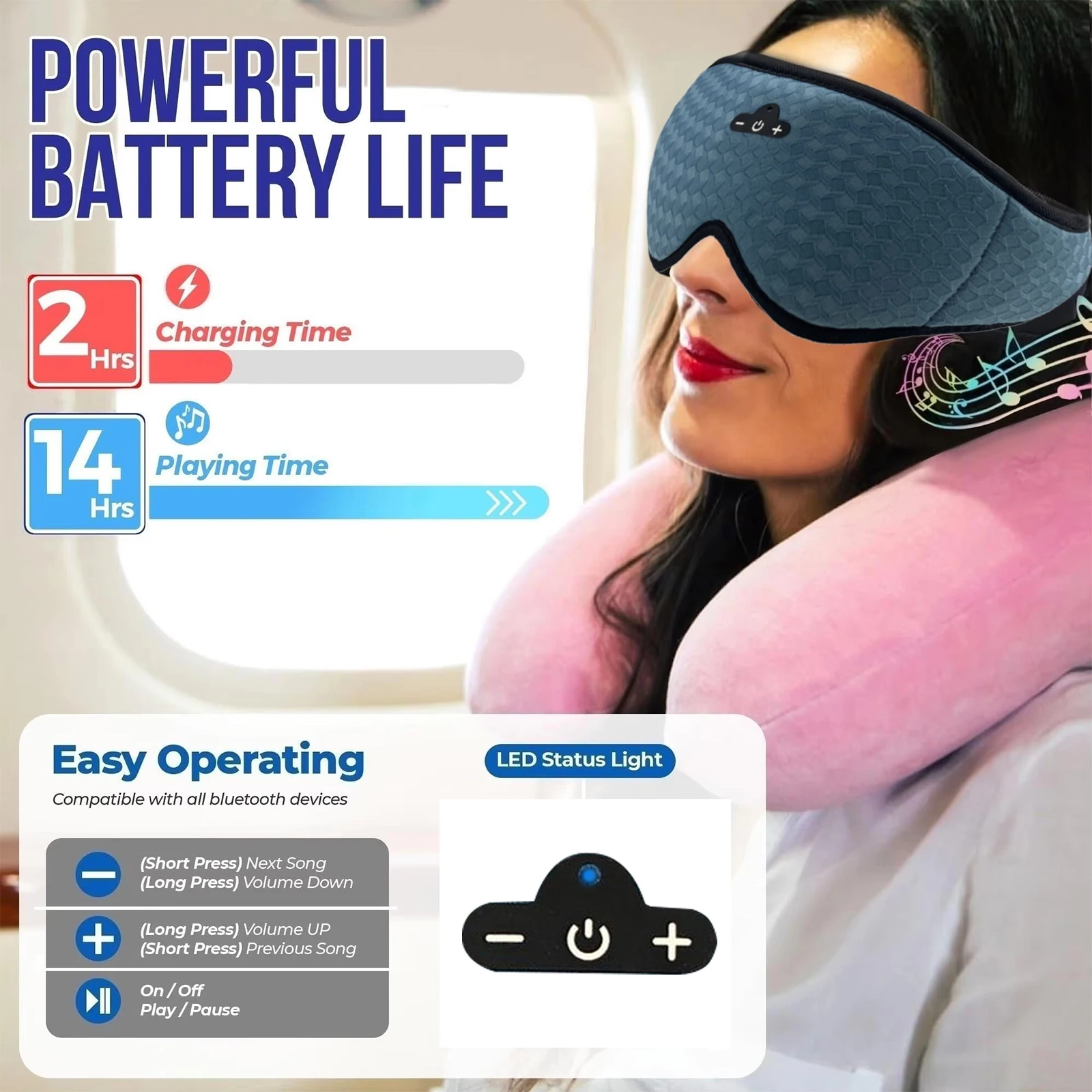 3D Bluetooth Eye Mask Wireless Stereo Sleeping Earphones Comfortable Washable Blindfold Handsfree Call Eyemask for Home Travel