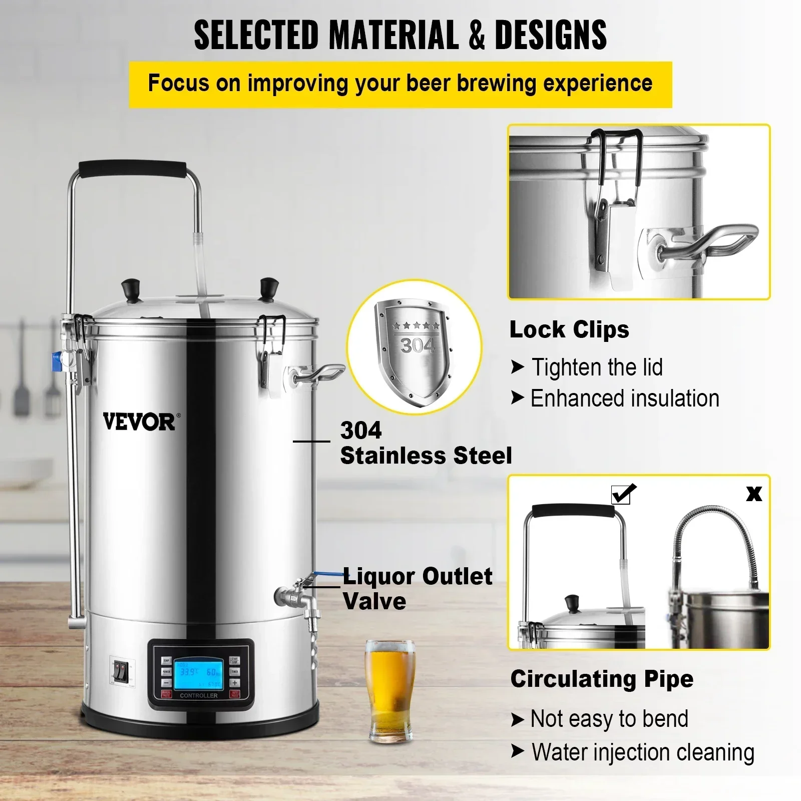 VEVOR 35L 304 Stainless Steel All-in-One Home Beer Brewer Electric Brewing System with Pump Brewing Beer Equipment Kit 6