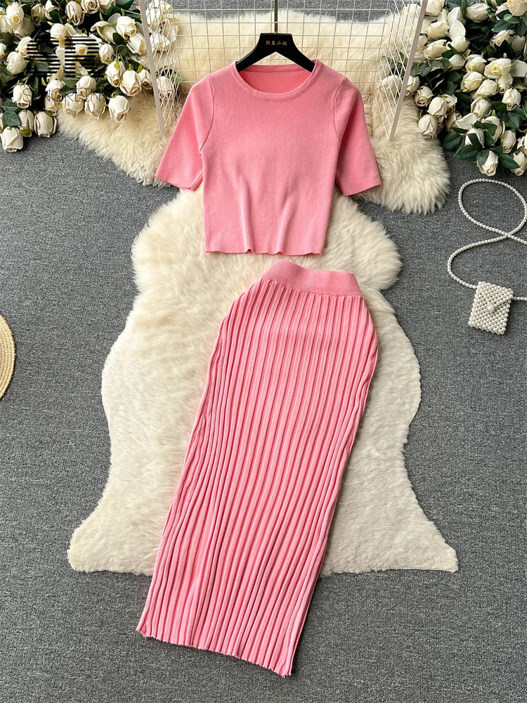 SINGREINY Casual Two Piece Sets Women Summer O Neck Top Elastic Waist Long Skirt Fashion Office Lady Korean Knit Suit - Image 4