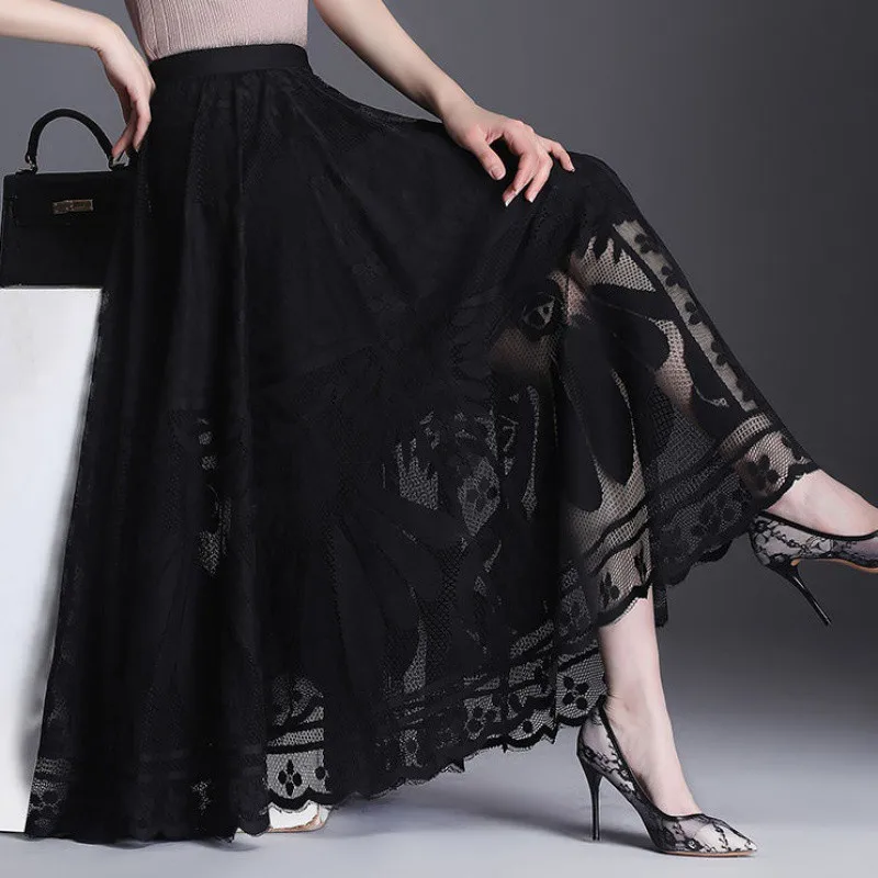 

Hollow Out Vintage Tulle Skirt Summer Women Elastic High Waist Mesh Pleated Skirts Elegant Korean A Line Office Ladies Skirt New