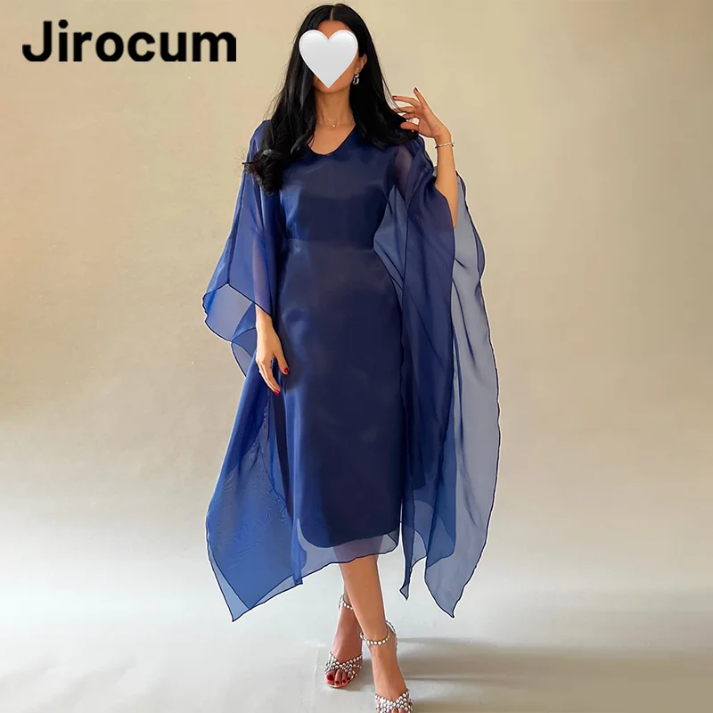 

Jirocum Prom Dress A Line Long Sleeve Party Evening Gown Women's V Neck Elegant Formal Occasion Dresses Tea Length Saudi Arabia